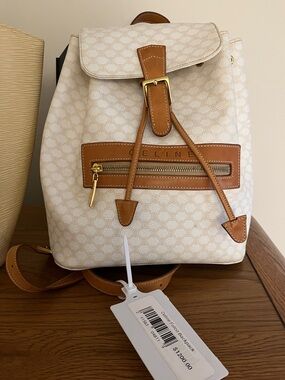 Celine Cream Signature Canvas Backpack with Tan Leather Trim